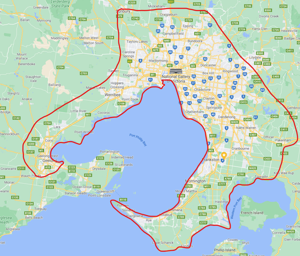 Map showing where we deliver fruit and veg in Melbourne, Geelong & the Mornington Peninsula